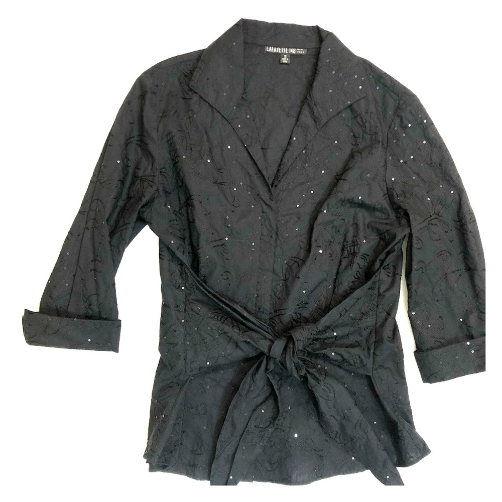 Lafayette 148 Black Embroidered Sequins Blouse 12